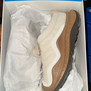 Hoka Cream and Tan Mules